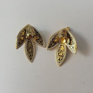 Vintage Damascene Earrings Gold Black Plated‎ Spanish Clip On Ornate Spain